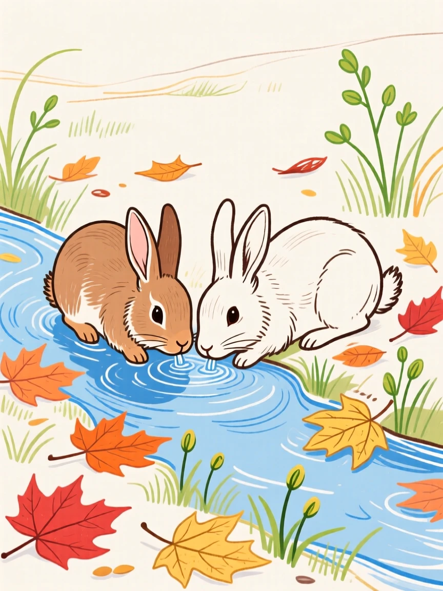 A pair of rabbits drinking from a stream among autumn leaves in early spring.