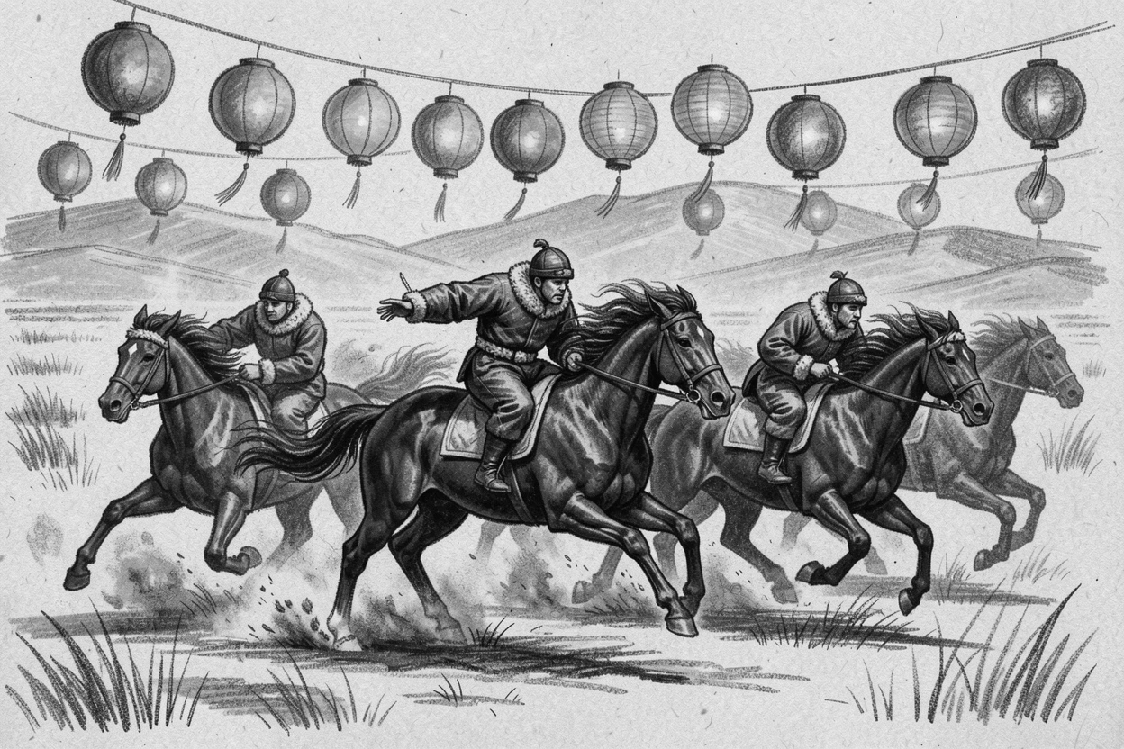 A Mongolian Naadam festival horse race across the steppe, under a canopy of colorful lanterns.