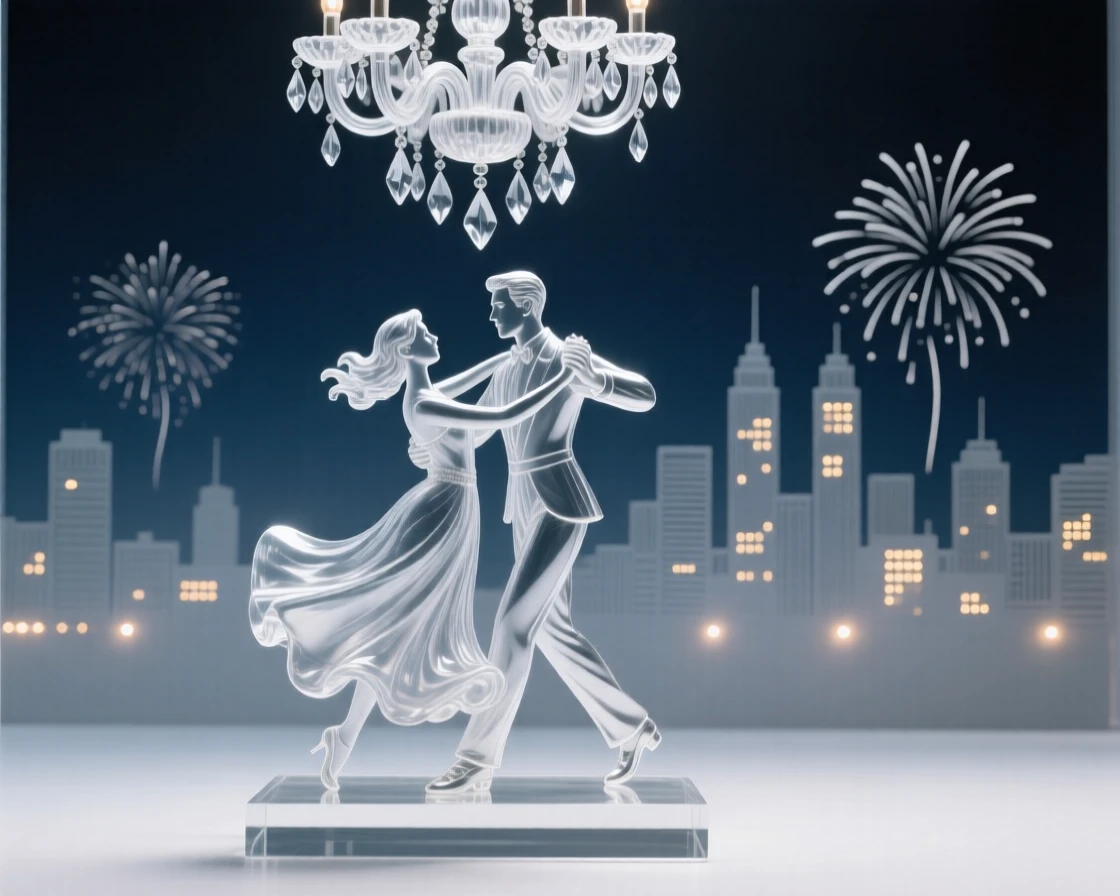 Overlooking a city skyline glowing with evening lights, a ballroom couple mid-spin beneath a grand chandelier, while distant fireworks light up the night sky