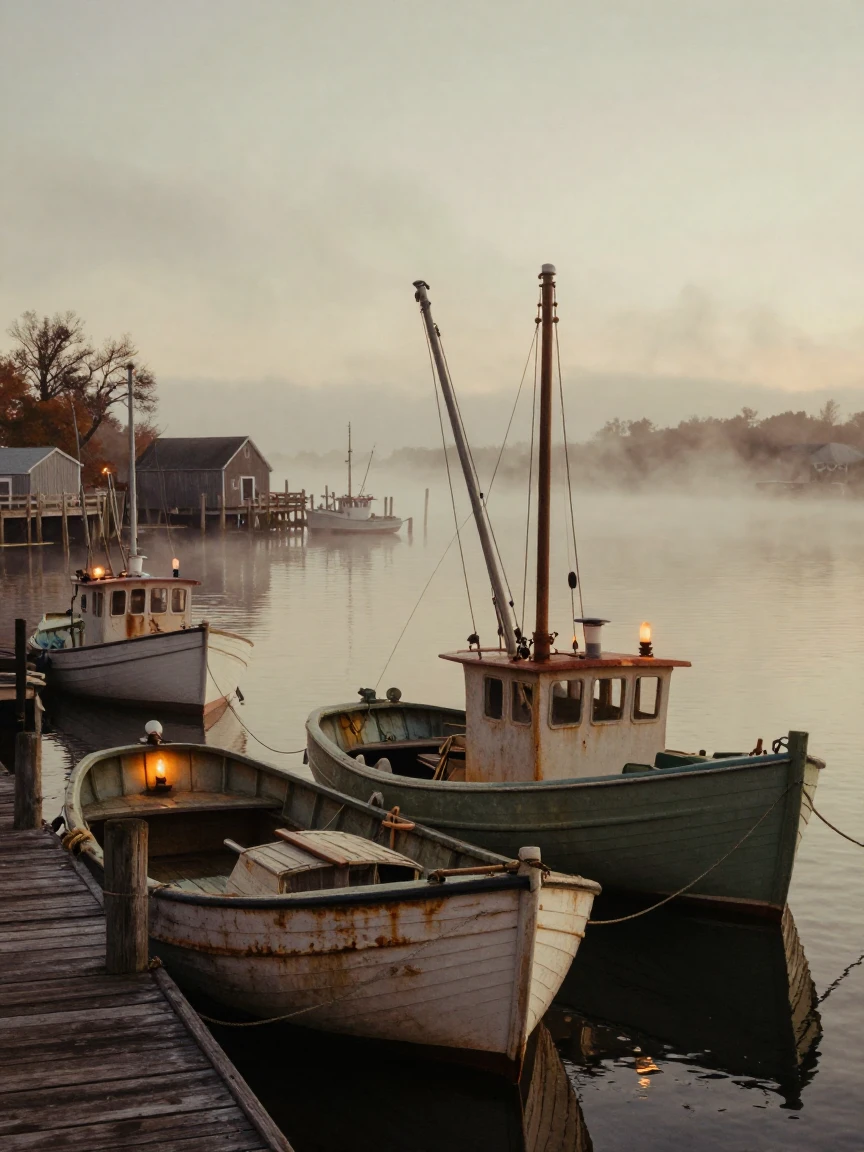 Fishing boats bobbing gently in a calm harbor at dawn, under flickering candlelight, as mist rises off the ground, in the mild days of early autumn, with muted olive and rust colors, from a three-quarter angle.