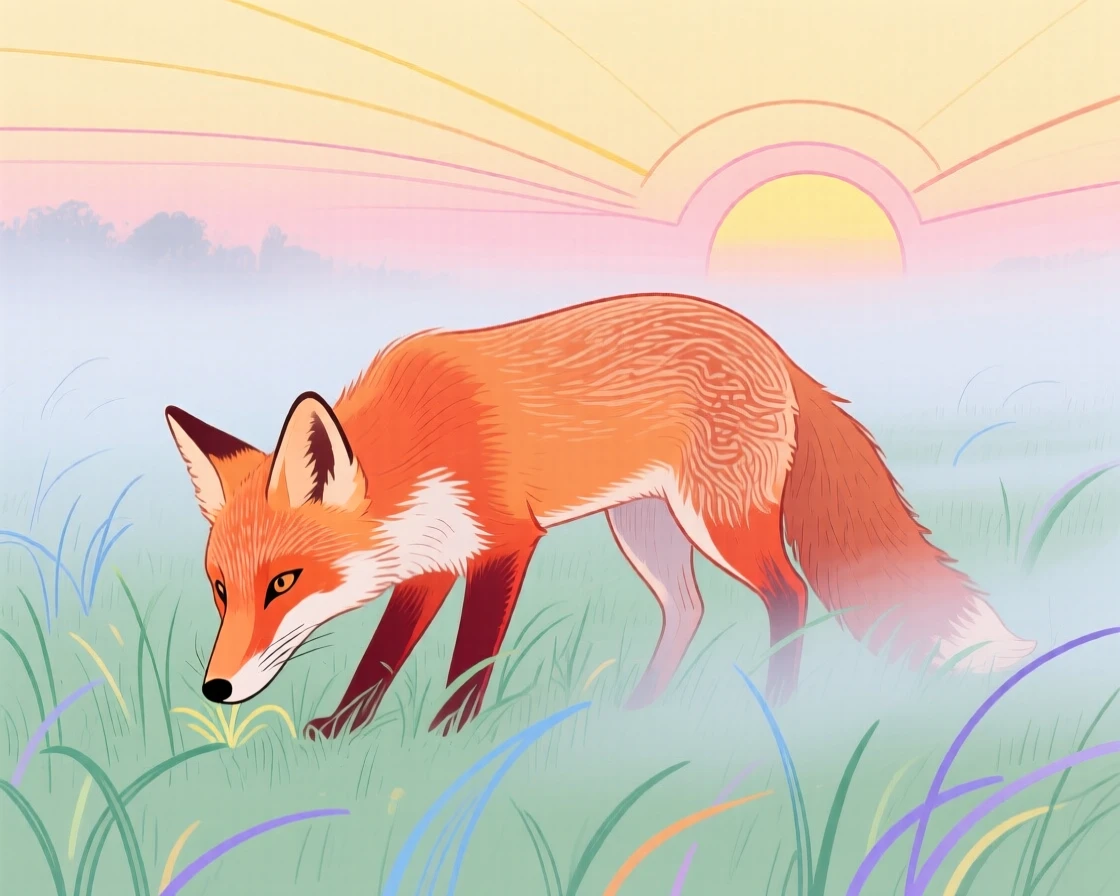 A curious fox grazing in a misty morning field at sunrise.
