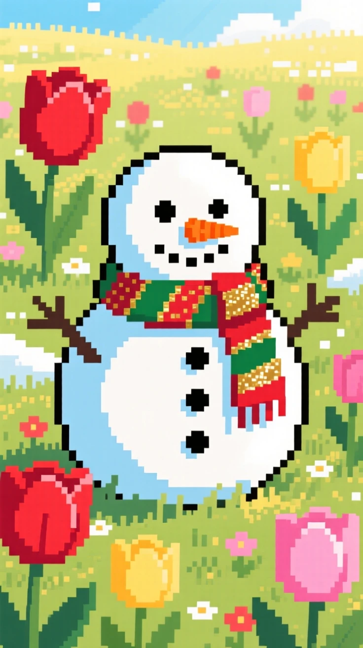 A snowman wearing a scarf wrapped in ribbons and gift paper, in a sunlit spring meadow full of tulips.
