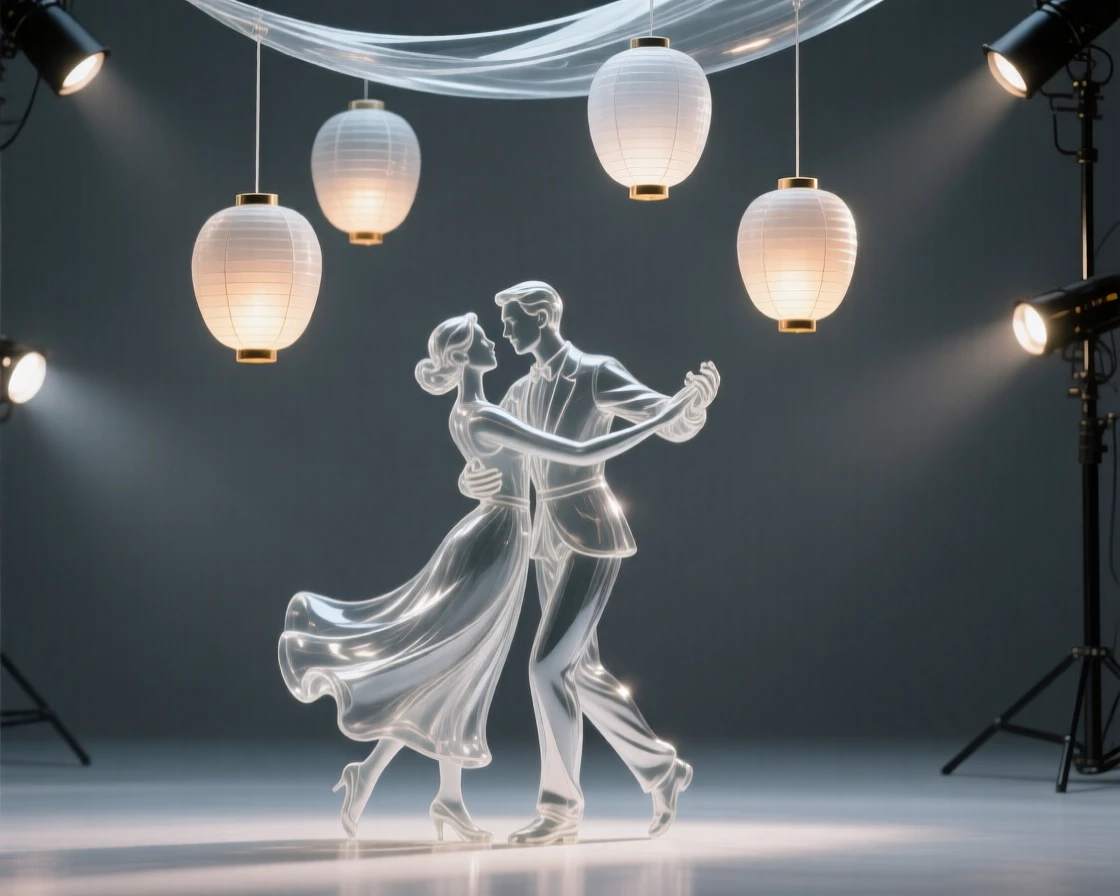 With the sound of applause rising from an unseen audience, a couple dancing together beneath a canopy of floating lanterns