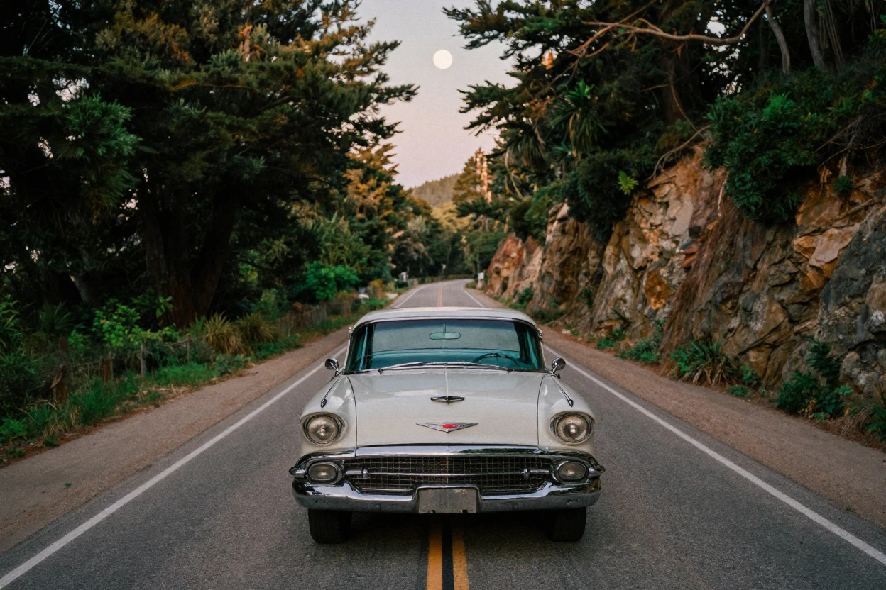 A vintage road trip car parked along a scenic coastal highway, under moonlight, in crisp, dry air, during the long days of summer, with deep emerald greens and browns, framed symmetrically down a long corridor.