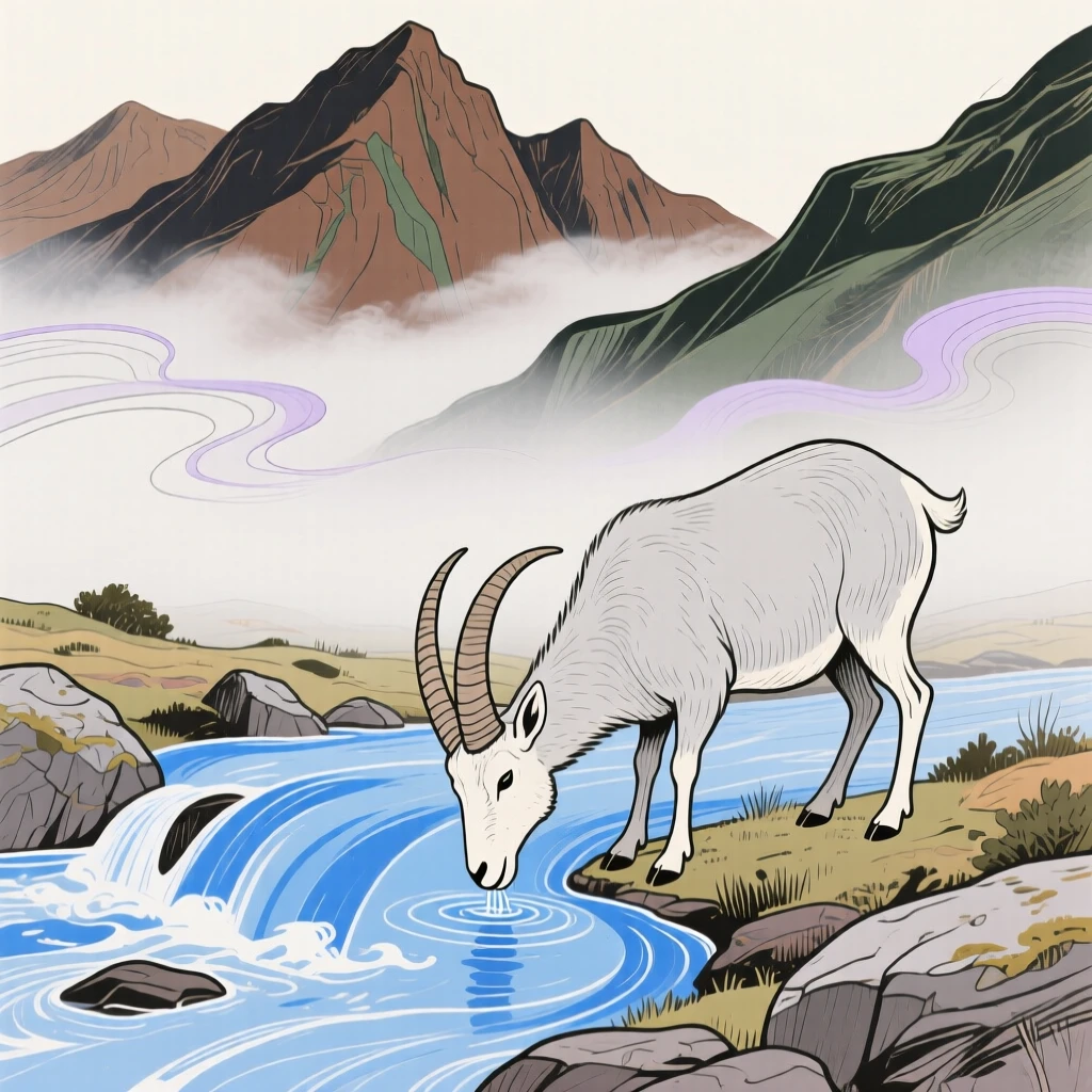 A mountain goat drinking from a stream beside a mountain stream as fog rolls in.
