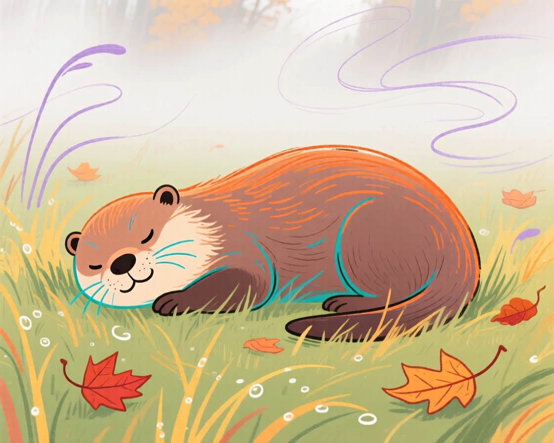A playful otter napping in a misty morning field on a crisp autumn day.