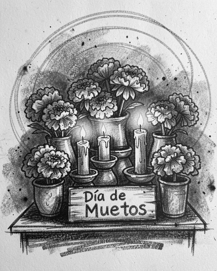 A Day of the Dead altar decorated with marigolds and candles, as laughter fills the air around them.