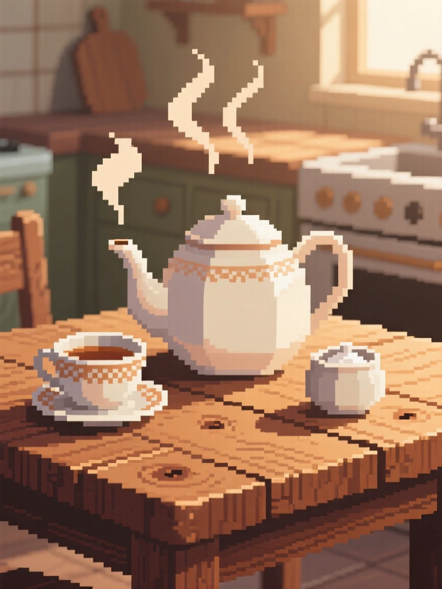 A tea set with a steaming pot steaming gently in the morning light, on a rustic wooden kitchen table.