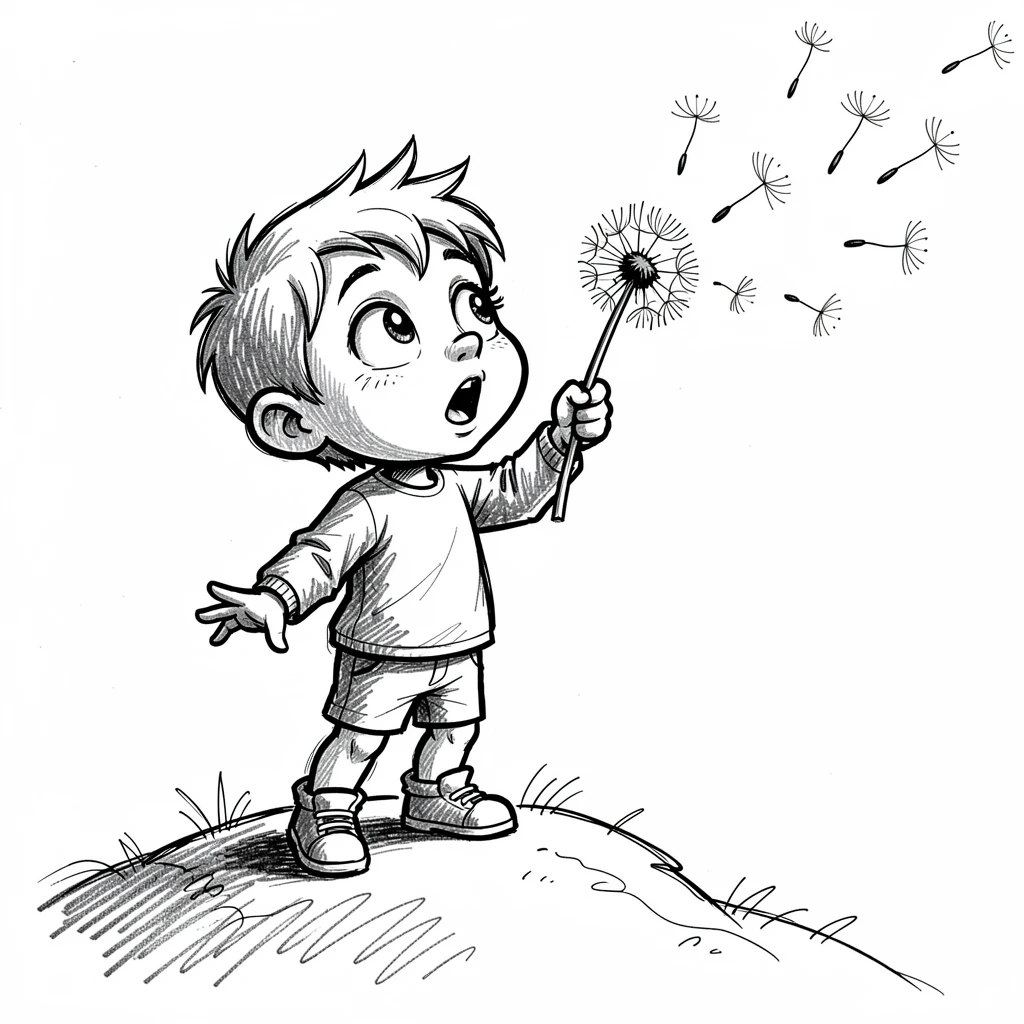 A little boy blowing dandelion seeds on a breezy hilltop.