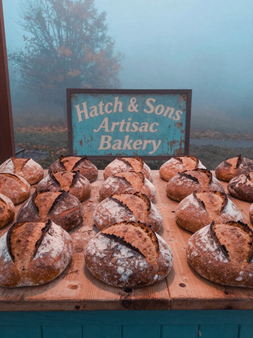 A rustic bakery counter with rows of golden-crusted loaves, in cool blue twilight, in thick rolling fog, in late autumn, in vivid coral and turquoise hues, shot from directly overhead.
