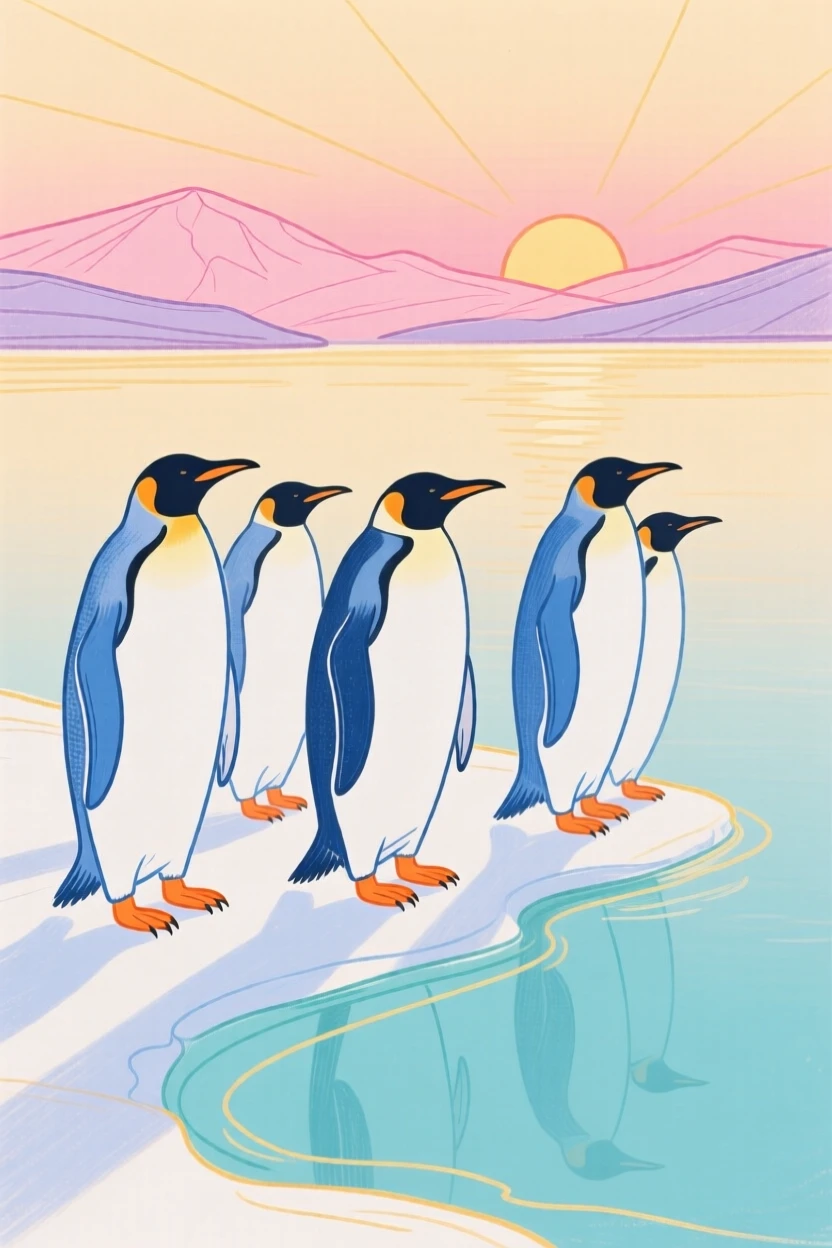 A group of penguins stretching in the morning light beside a still lake at sunset.