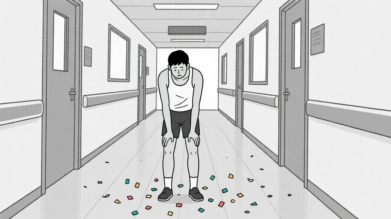 A runner catching their breath standing in a quiet hospital hallway, embodying a feeling of gentle melancholy, with scattered confetti nearby.