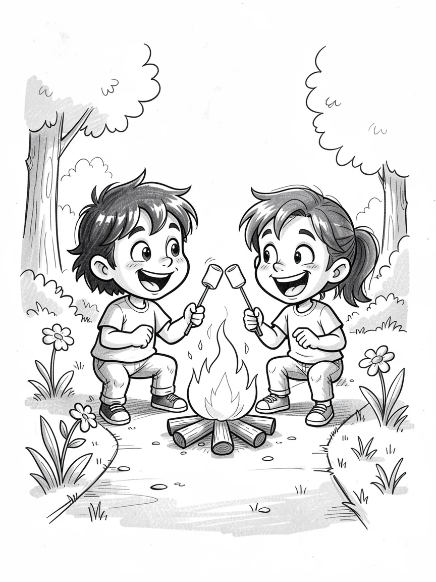 Siblings roasting marshmallows over a campfire beside a quiet garden path.