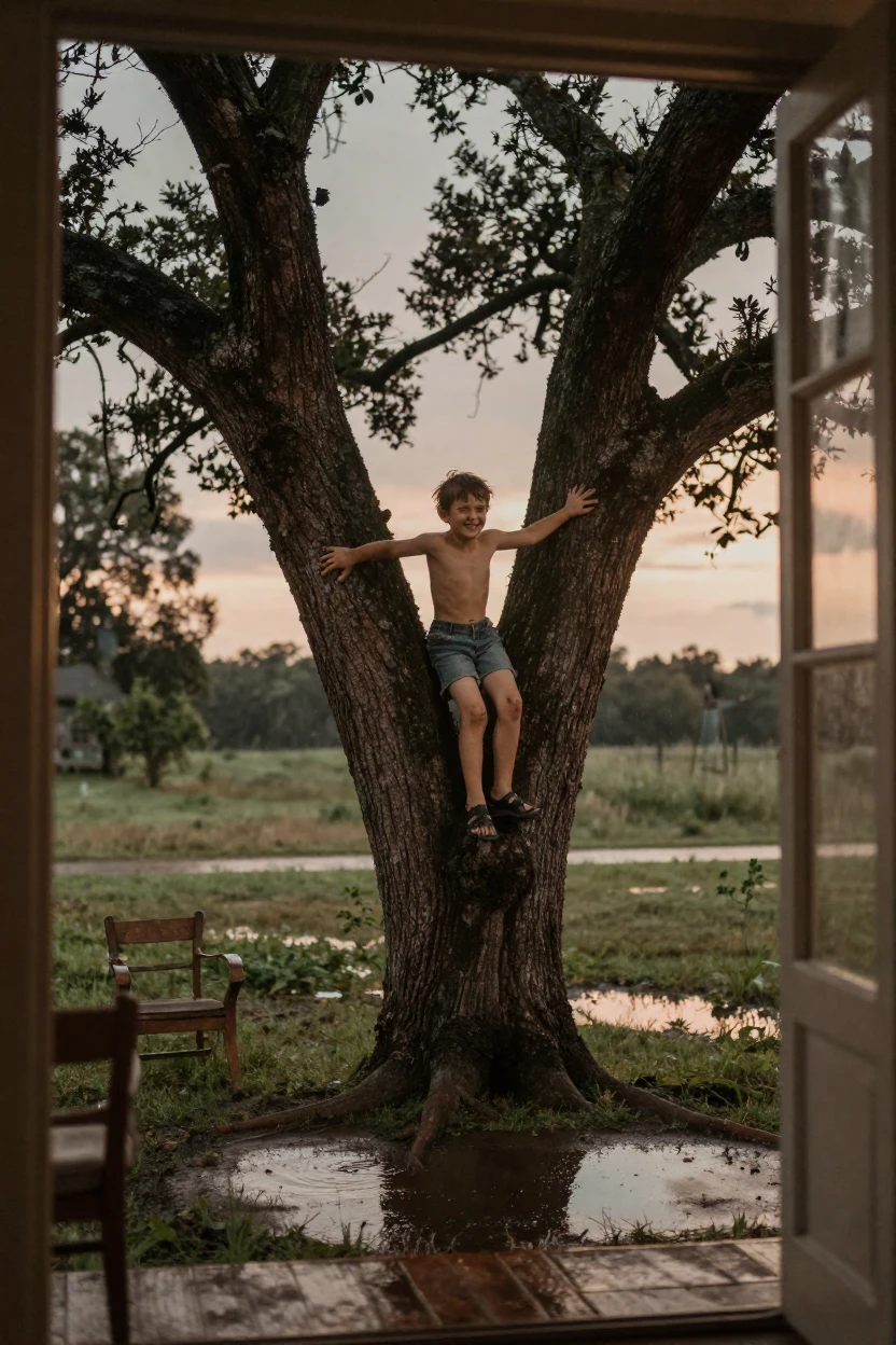 A boy climbing an old oak tree with scraped knees and a grin, in the last light of dusk, just after a rain shower, with puddles reflecting the sky, in the height of summer, with a soft sepia-tinted glow, viewed from across the room.