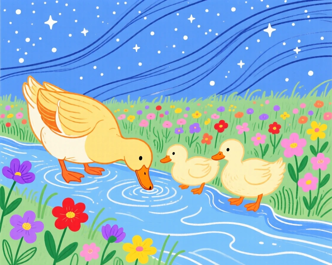 A family of ducks drinking from a stream near a wildflower field under a clear starry sky.