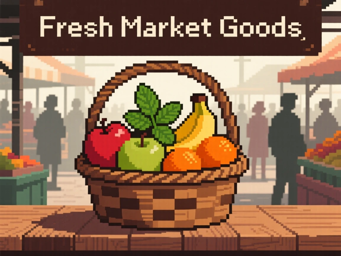 A basket of ripe fruit decorated with a sprig of mint, at a market stall on a busy morning.