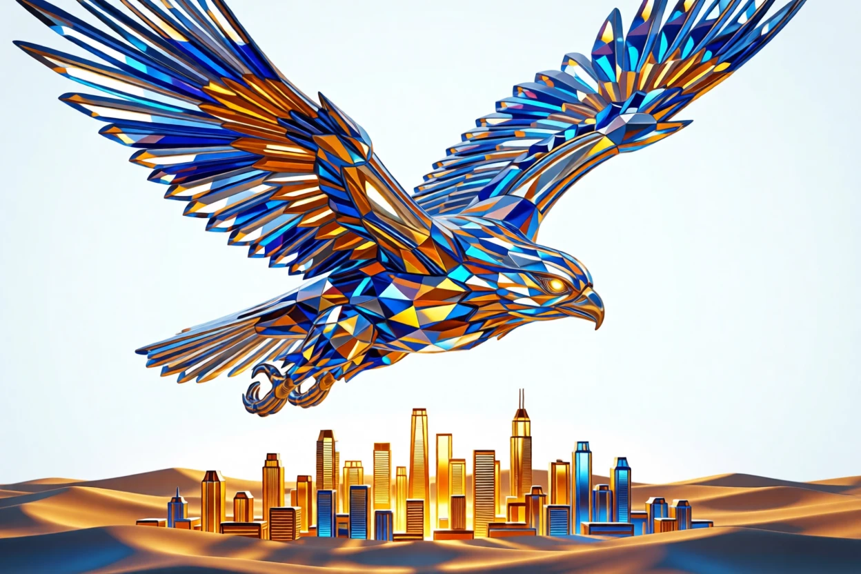 A cybernetic falcon soaring above a glowing futuristic desert city at dusk.
