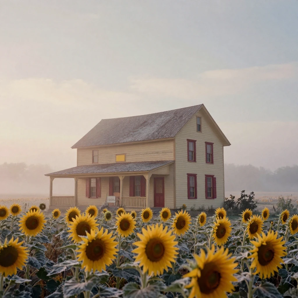 A farmhouse surrounded by fields of blooming sunflowers, in the pale light just before sunrise, as mist rises off the ground, under the first snow of winter, with rich burgundy and gold accents, captured from a low angle looking up.