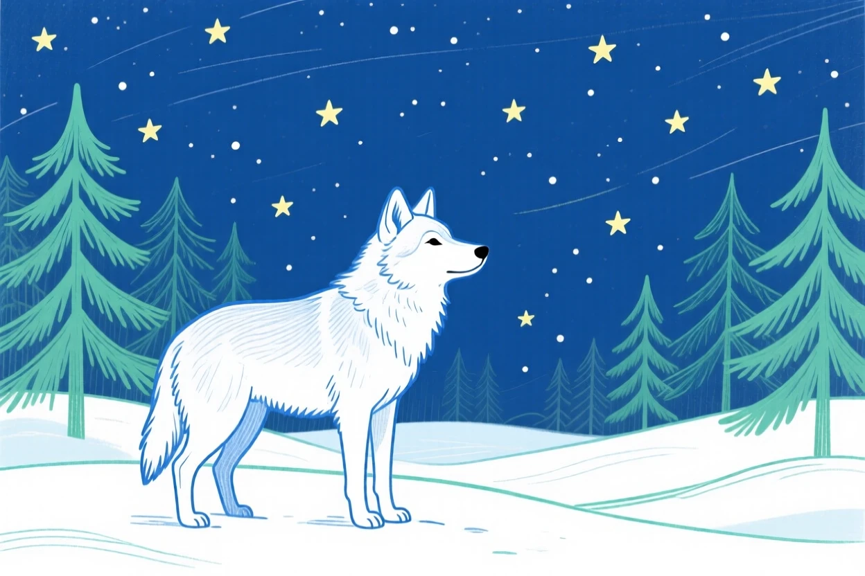 A young wolf watching the horizon in a snowy pine forest under a clear starry sky.