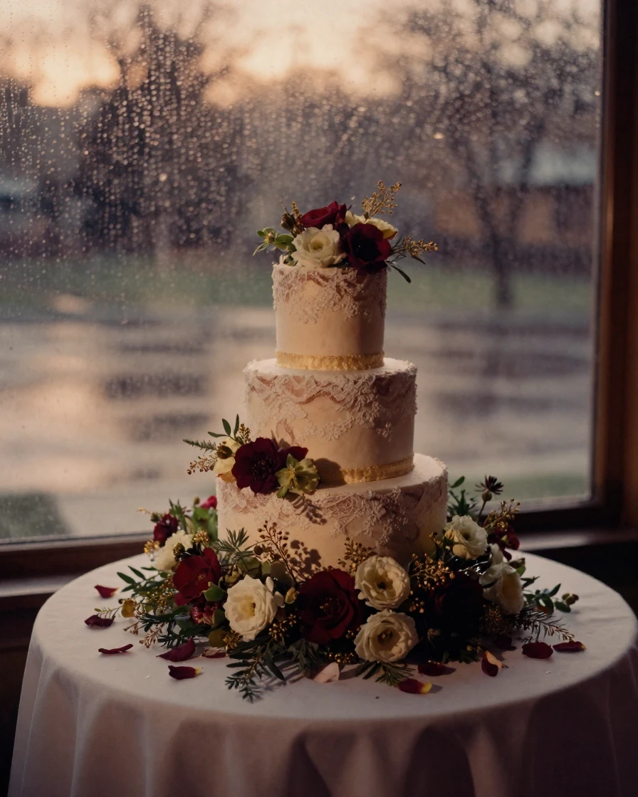 A wedding cake table decorated with fresh wildflowers, in the last light of dusk, as heat shimmers over the ground, in the depths of winter, with rich burgundy and gold accents, through a rain-streaked window.