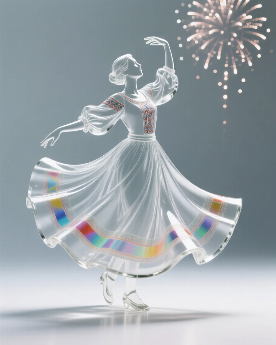 As fireworks burst quietly in the sky above, a folk dancer twirling in a wide, colorful skirt