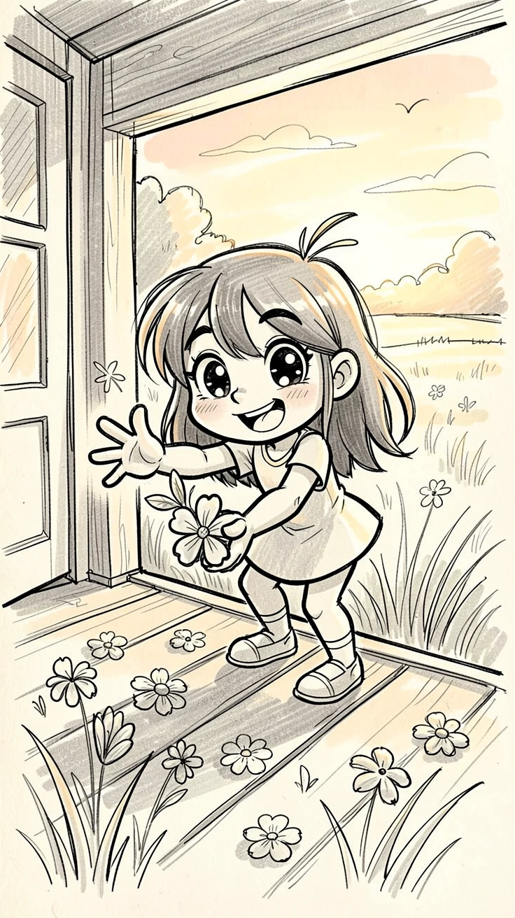 A little girl picking flowers in a meadow on a porch during a warm evening.