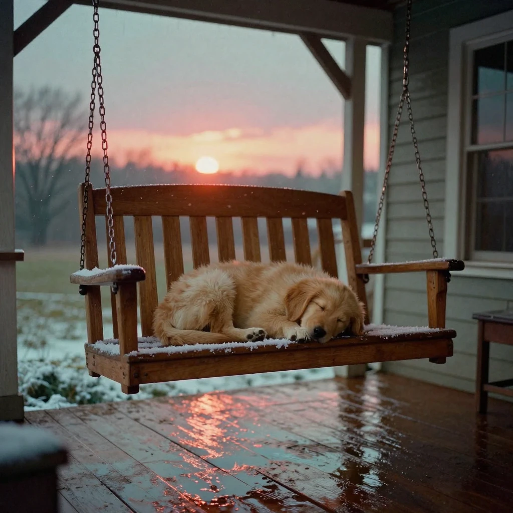 A golden retriever puppy curled up asleep on a porch swing, under a glowing sunset sky, just after a rain shower, with puddles reflecting the sky, under the first snow of winter, in vivid coral and turquoise hues, viewed from across the room.