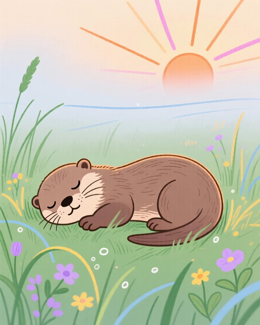 A baby otter napping in a misty morning field at sunrise.