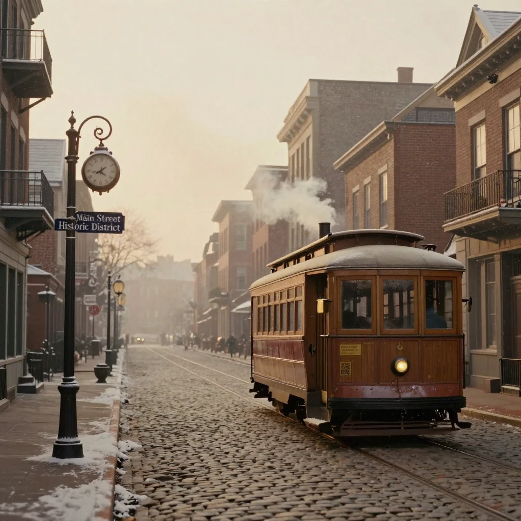 An old tram rattling through a historic city district, in the pale light just before sunrise, with a soft breeze stirring the air, under the first snow of winter, in warm honey and cream tones, framed symmetrically down a long corridor.