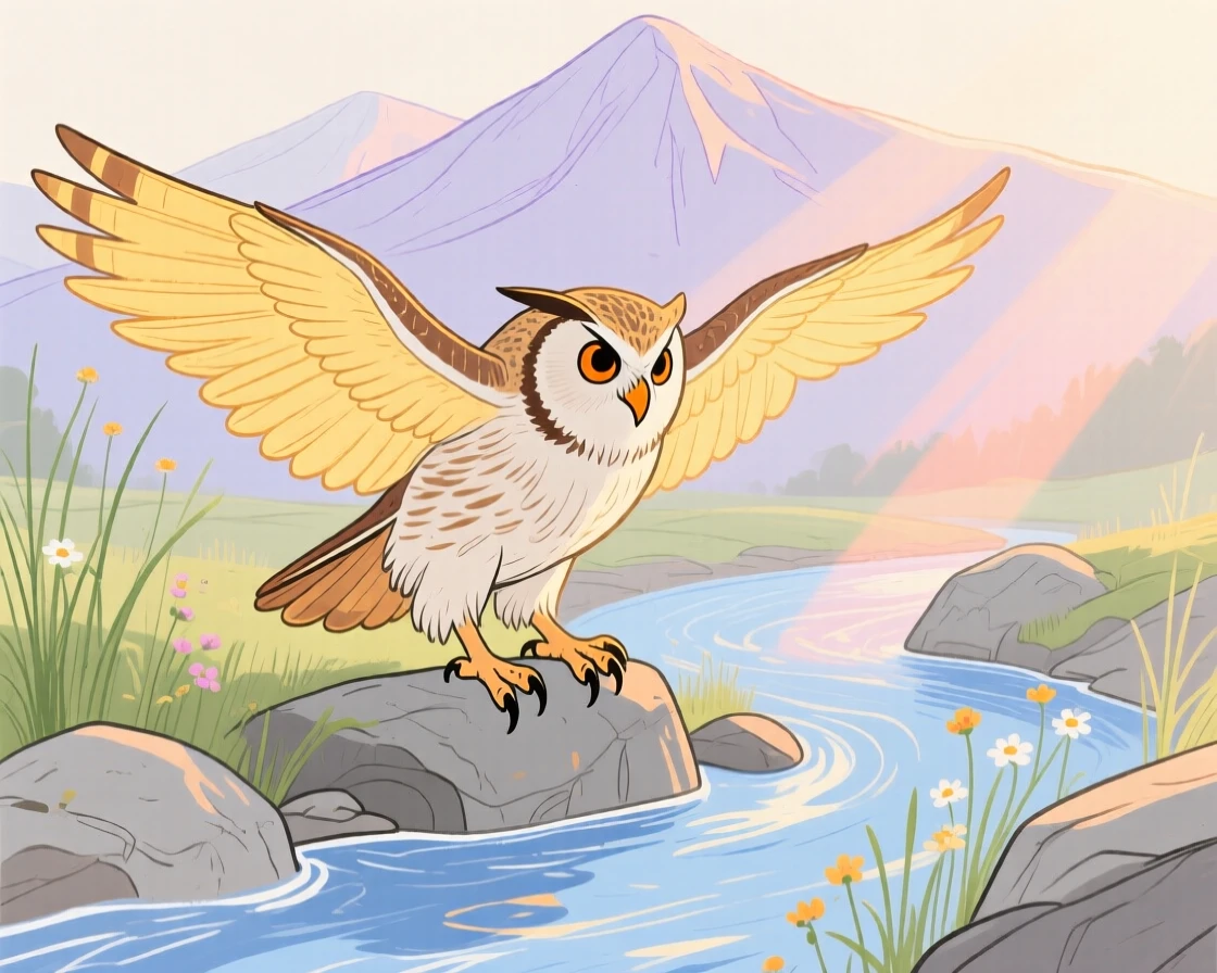 A wise old owl stretching in the morning light beside a mountain stream on a quiet summer afternoon.