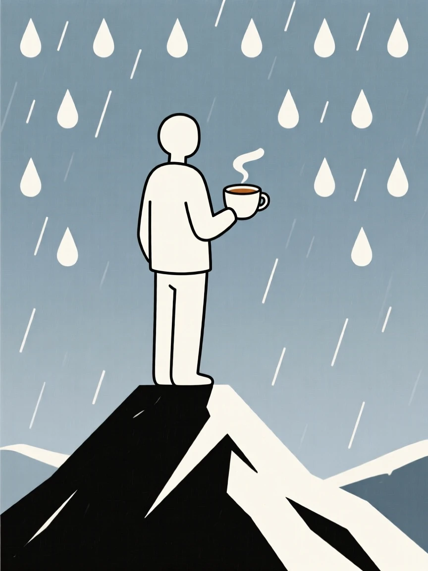 A quiet moment of proud accomplishment as a person watching the rain pauses in a mountain summit beside a warm cup of tea.
