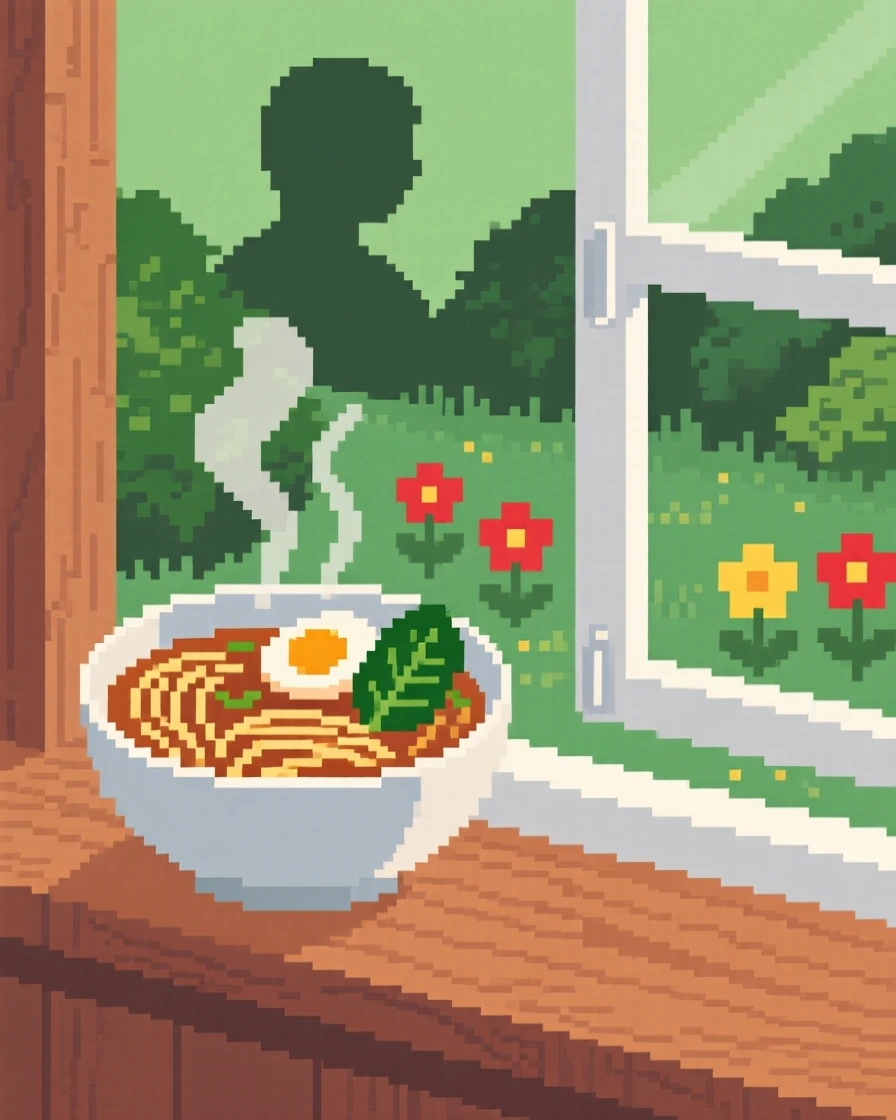 A steaming bowl of noodle soup placed on a windowsill to cool, beside an open window overlooking a garden.