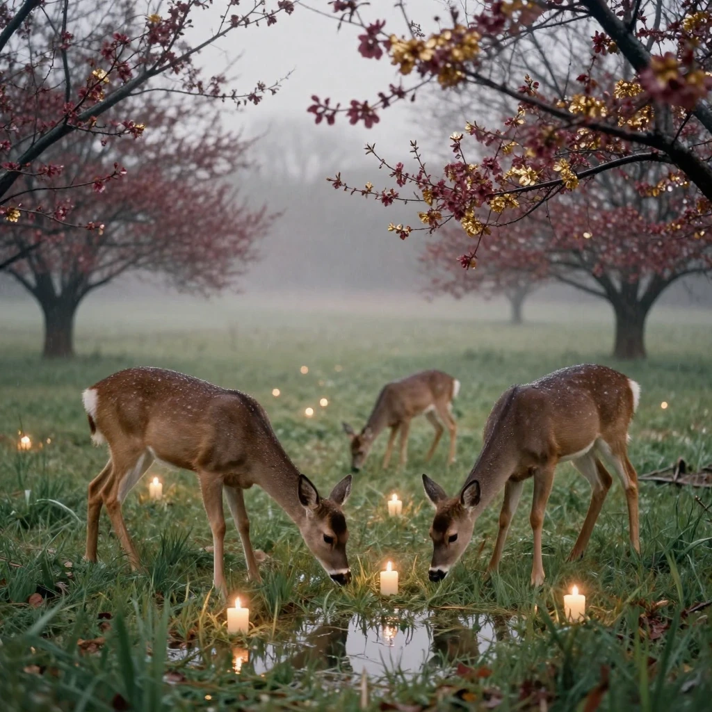 A family of deer grazing at the edge of a misty meadow, under flickering candlelight, just after a rain shower, with puddles reflecting the sky, as spring blossoms unfurl, with rich burgundy and gold accents, captured from a low angle looking up.