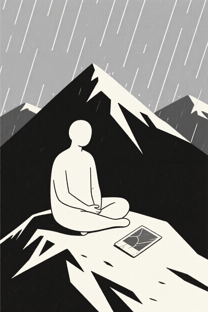 A quiet moment of quiet relief as a person watching the rain pauses in a mountain summit beside a worn photograph.