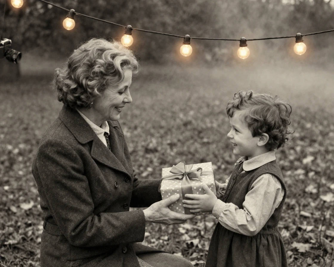 A grandmother presenting a wrapped gift to a delighted grandchild, under strings of warm string lights, as mist rises off the ground, in the mild days of early autumn, with stark black-and-white contrast softened by a single warm hue, shot from directly overhead.