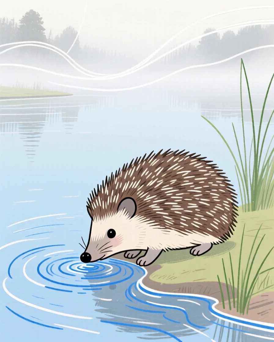 A small hedgehog drinking from a stream beside a still lake as fog rolls in.