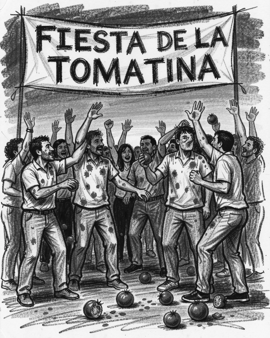 A traditional Spanish tomatina festival, as the last light of day fades to dusk.