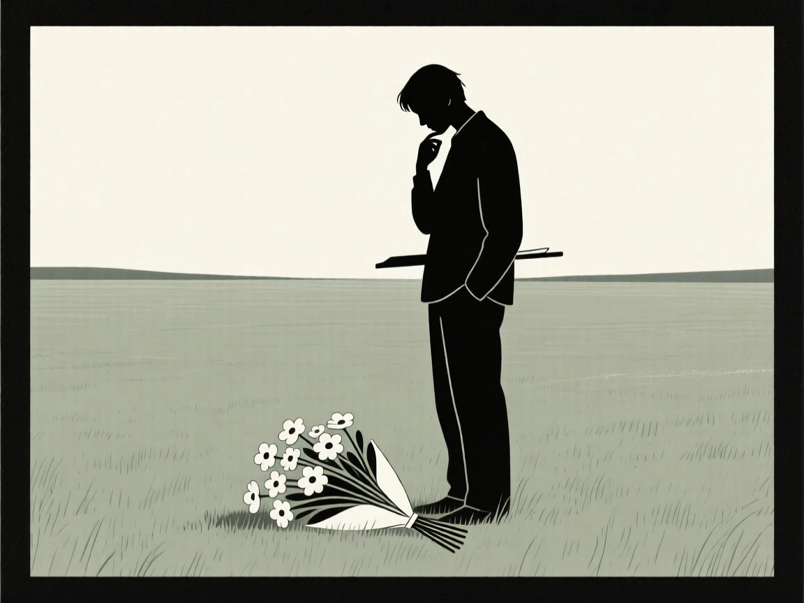 A quiet moment of bittersweet farewell as an artist lost in thought pauses in a wide open field beside a bouquet of flowers.