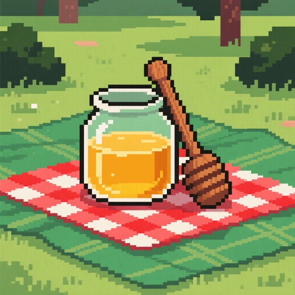 A jar of honey with a wooden dipper arranged neatly on a checkered tablecloth, on a picnic blanket in a park.