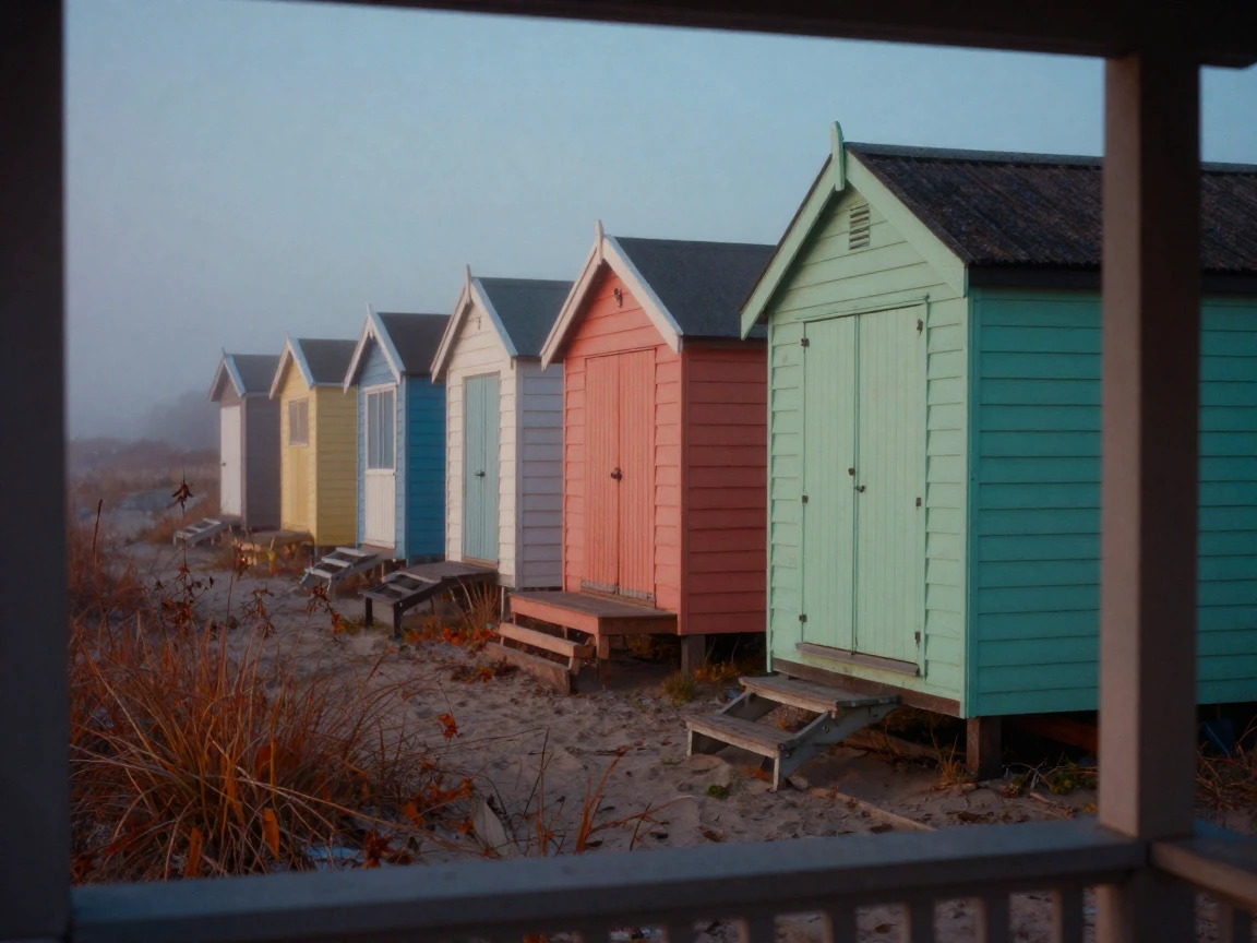 A row of colorful beach huts along a quiet shoreline, in cool blue twilight, as mist rises off the ground, in late autumn, dominated by warm amber and rust tones, viewed from across the room.