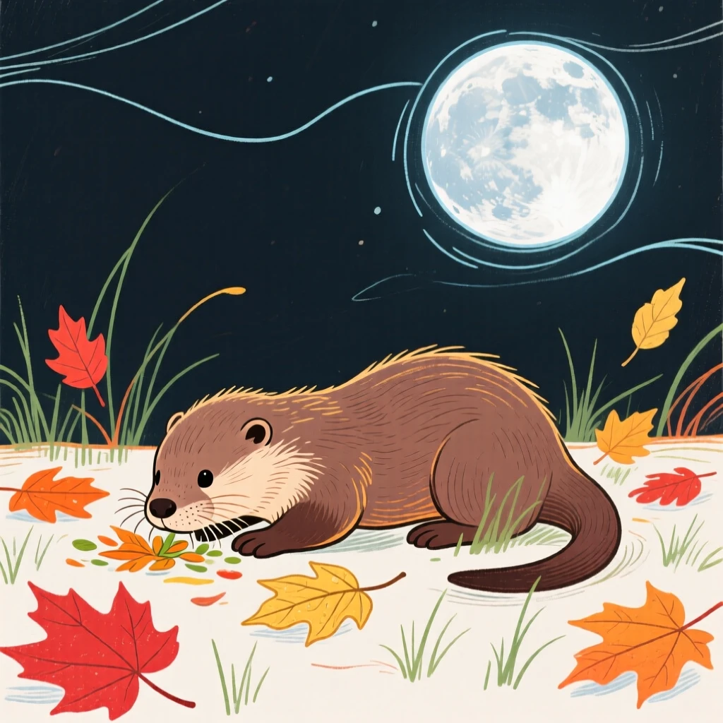A baby otter grazing among autumn leaves under a full moon.