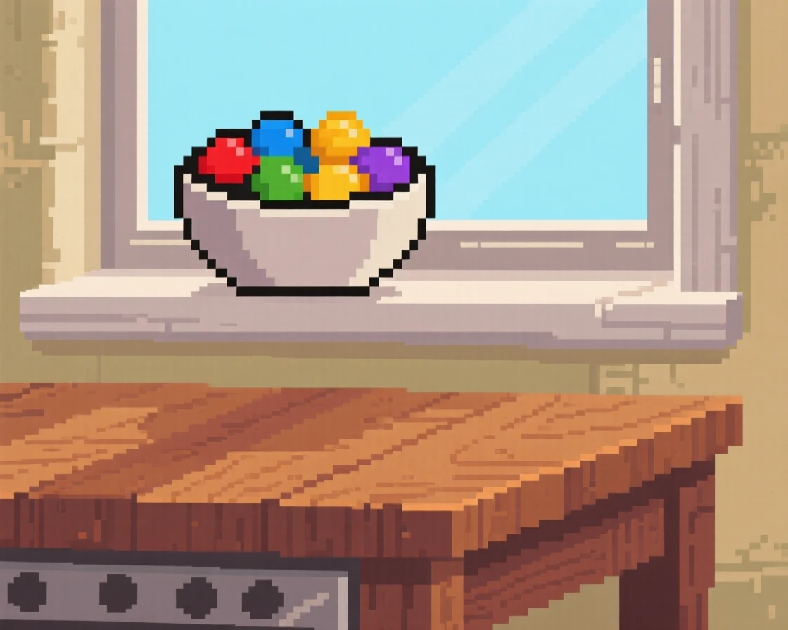 A bowl of colorful candy placed on a windowsill to cool, on a rustic wooden kitchen table.