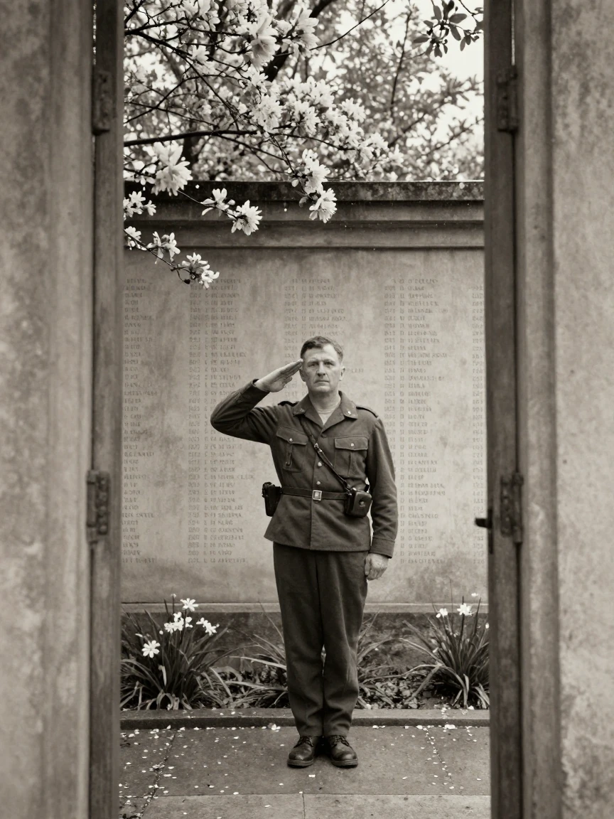 A war veteran saluting quietly at a memorial wall, in dappled light filtering through leaves, under a light drizzle, as spring blossoms unfurl, with stark black-and-white contrast softened by a single warm hue, framed through an open doorway.