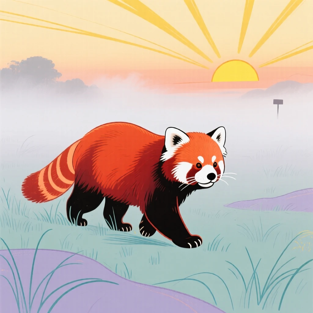 A red panda wandering in a misty morning field at sunrise.
