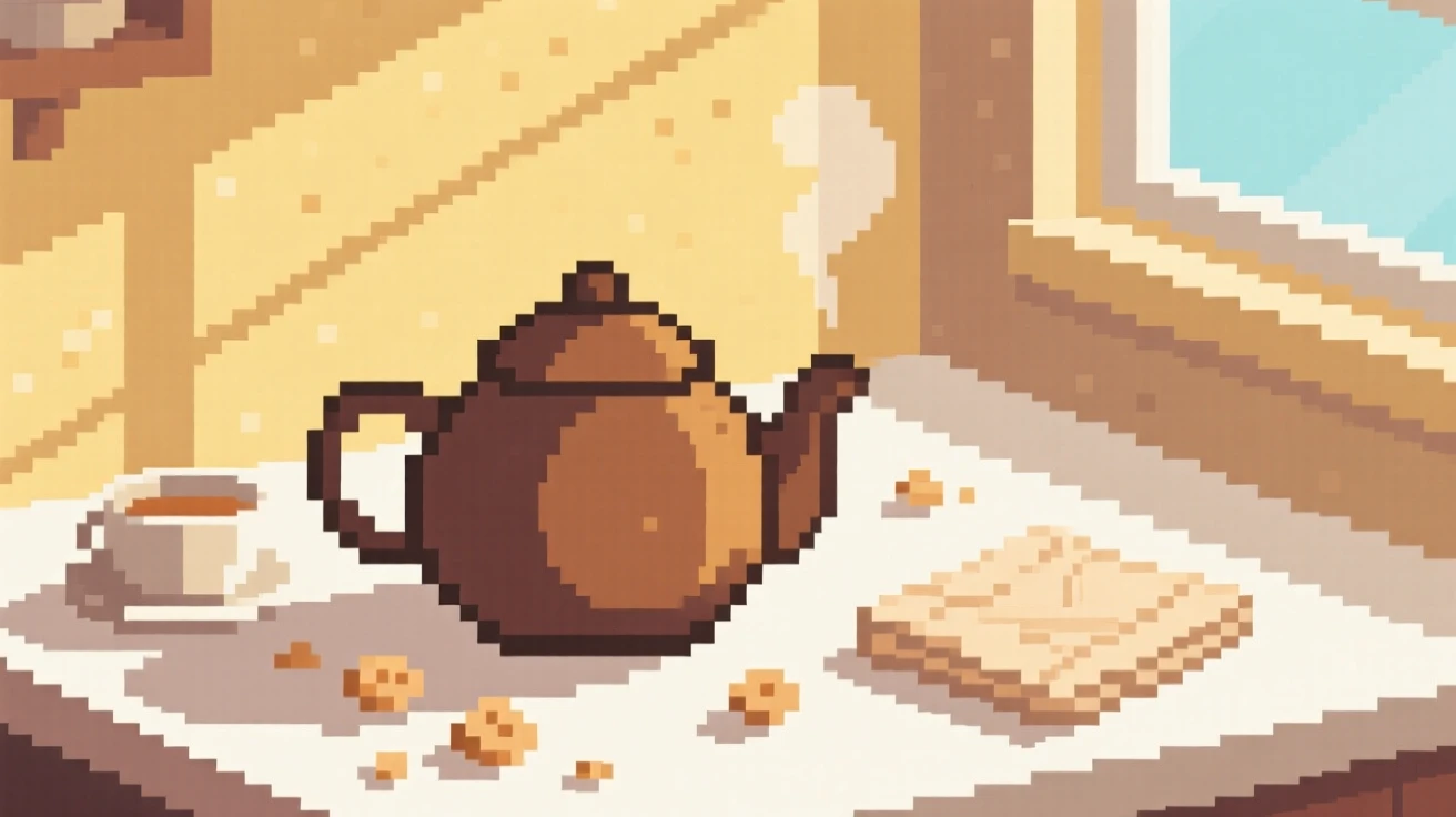 A tea set with a steaming pot surrounded by scattered crumbs and a napkin, in a sunlit breakfast nook.