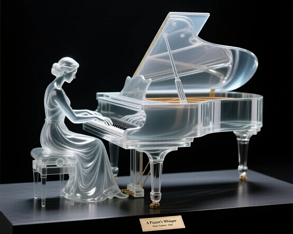A pianist playing softly in an empty grand concert hall as the crowd sways gently to the rhythm of the music