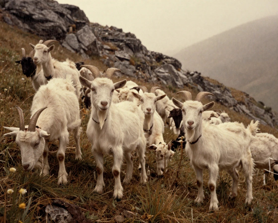 Herds of goats grazing on a steep mountainside pasture, in low lamplight, under a light drizzle, in the height of summer, in warm honey and cream tones, at eye level, intimate and direct.