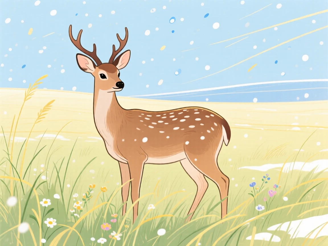 A gentle deer watching the horizon in a sunlit meadow during a light snowfall.