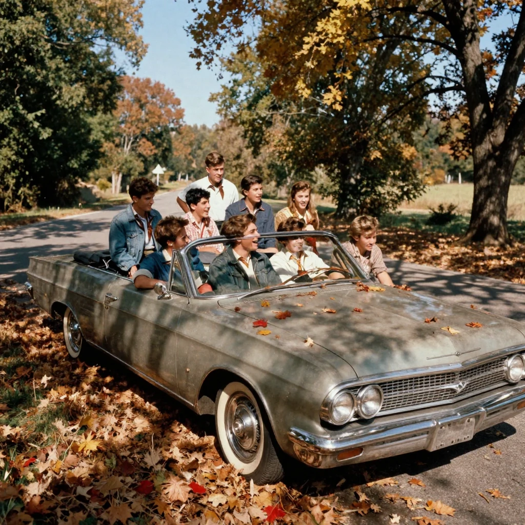 A group of teenagers piled into an old convertible on a summer road trip, in dappled light filtering through leaves, on a clear, cloudless day, as autumn leaves turn gold and red, in earthy terracotta and ochre shades, shot from directly overhead.