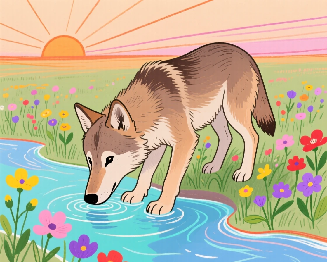 A young wolf drinking from a stream near a wildflower field at sunset.